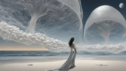 Wide-angle shot of a woman, standing to one side on a beach with huge waves, with dark hair in a silver robotic catsuit, many large moon jellyfish shaped like mushrooms with tentacles floating high up in the air, masterpiece, best quality, super detailed