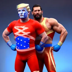 Realistic image of Donald trump wrestler, Mexican wrestling style, eyes mask, red and blue breeches, glow confederate flag dress, suspenders, retro style, 80s, vibrant color, highly detailed, sky background, concept art, unreal engine 5, god rays, ray tracing, RTX, lumen lighting, ultra detail, volumetric lighting, 3d, finely drawn, high definition, high resolution.