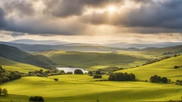 View across a valley in the English Lake District with beautiful clouds, late afternoon sunshine, stone walls enclosing the fields, gentle hills and valleys, river, lake, calm, peaceful, tranquil, rule of thirds, beautiful composition, exquisite detail