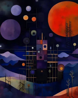 A dark purple space station in a galaxy filled with planets painted by Paul Klee
