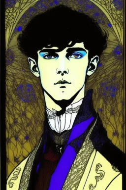 17 year old boy,dressed in noble clothes, friendly, with upturned nose, short tusks in lower jaw, in the style of Harry Clarke