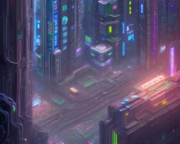 a cityscape inspired by the inside of a computer, streets and buildings made of circuits, data cables, and other electronic components, cyberpunk, realistic, intricately detailed