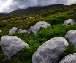 Arbustos, piedras, nubes