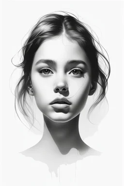 A realistic drawing in negative space black ink on white background of a beautiful front view of a young girl with clear white face, all picture is bright white