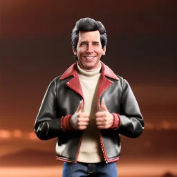 wide view Fonzie with blackhair toy Action figure doll 1975 realistic (thumbs-up) (face) Forehead grin, fonzarelli, jukebox background, eyes