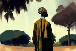 Design, African man, oil painting, featureless, graphic, drawing without facial features, background, sky, trees, traditional clothes