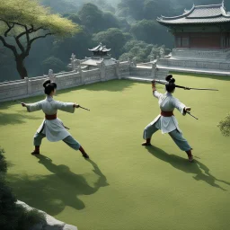 scene from above in medieval China by Ray Harryhausen: Two women exercising with weapons to practicing the art of Tai Chi and Qigong in the park. they are perfectly in sync