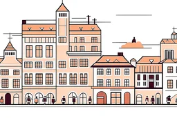 Scene zoomed on on a building in a city in a not scary hell, an exaggerated long que of people outside the building, waiting in line, style: children’s book illustration, flat vector-like, no shadow, minimalistic, no outline, realistic colors in orange, red shades