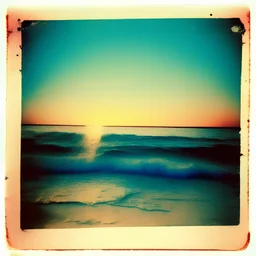 Photographic, Sea, soft turquoise waves, polaroid with damaged border, 1968, sunset, scotch tape on the border, scribblings