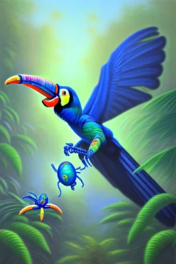 blue spider fight with a toucan, Post-Impressionism, trending on artstation, jungle setting, soft pastel colors, mystical, acrylic paint,