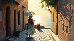 create a luminous oil painting in the style of Claude Monet, elderly woman in flowing gown and parasol strolling through a medieval cobblestone alley, soft glowing colors, impressionist brushstrokes, distant sea shimmering under warm sunlight, atmospheric dreamlike light --ar 16:9 --v 7 --stylize 1600
