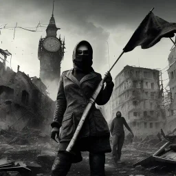 women, faces covered in black masks, ragged clothes, holding flag, war-torn, destroyed city in the background, 8k resolution, hyperrealistic, detailed matte painting, b&w, dynamic lighting, war, anarchy, terrorists