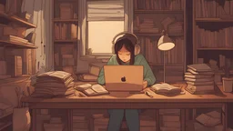 A girl sitting at a desk using her laptop, surrounded by books and papers, listening to lo-fi hip hop music on her headphones. She has a relaxed expression on her face and is wearing comfortable clothes. The room is dimly lit, with a lamp on the desk providing the only source of light. Outside the window, it's raining softly, cute cat sleeping on the window.