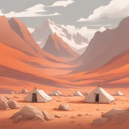 A rugged and rocky valley lies in a landscape of grey stone jutting out of red sandy gravel. Large snow-capped mountains loom in the background. The sky is tinted orange, and thin clouds streak the sky like they're being driven by a strong wind. Low lean-to style canvas tents and small stone huts are clustered in the foreground.
