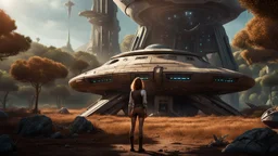A skinny 50-year-old woman standing, hands on hips, in brown shorts, a shirt, and boots, standing next to a large, sleek cargo spaceship, sitting in a clearing, in a derelict alien city with trees and fungi in clumps.