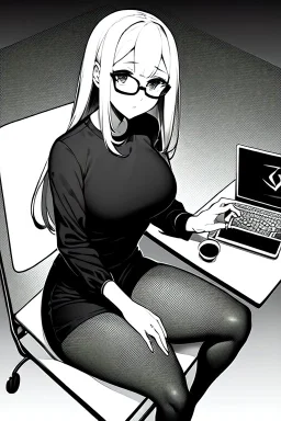 hacker girl with glasses use a laptop sitting in a cafe, line arts, greyscale