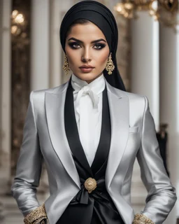 A length image ,professionals photography cinematography, stand action pose an beautiful young girl super model iranian wearing islamic hijab as spy detective with shoulder length wearing luxury jewelrys and lipstick. She is wearing a islamic fashion luxury tuxedo with a black bowtie. Her jacket is black decorations golden art and it is not buttoned. Her jacket has a corsage. She is on selfi photoshoot with a iPhones seluler. She is smiling. Her cufflinks are black.stand pose in futuristic luxur