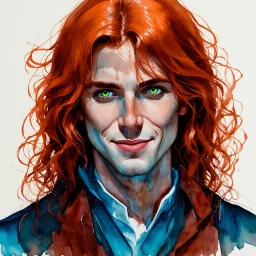 dnd, fantasy, watercolour, stylistic, portrait, illustration, dull colours, male, face, narrow face, weathered face, green eyes, determined, happy, red hair, very long hair streaming down the shoulders, radiating light, five o'clock shadow