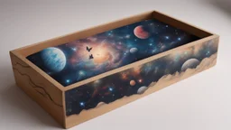 a box 10 cm long by 5 cm wide and 25 cm high, drawn on a box on all sides, space, tress, planets, butterfly nebula, crow, realistic