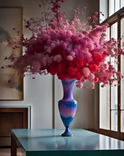 Cherenkov radiation colors, inspired by Joe Horner, Helice Wen, Mark Rothko, Benetton, december very sunny day at 11 a.m. volumetric lightning, photography with Leica Hermes Edition M7 camera of intricate floral bouquet using gestalt theory reminding Christmas Eve, in a brutalist porcelian vase on brutalist table, sophisticated composition, contemporary urban art gallery, hyper detailed, hyperrealistic, vivid, product-focused.