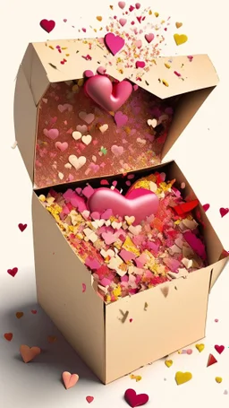 Open box stuffed with love letters, hearts, heart confetti, love explosion, very realistic, detailed, vibrant colors.