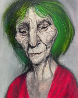 Abstract portrait of a dignified old woman with green eyes and white hair