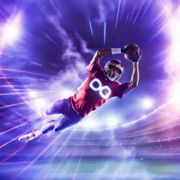 rounded infinity symbol ∞, on football players shirt, football player diving to score a touchdown, DSLR with a 80mm lens, set to f/16 and a slow shutter speed of 1/15s, striking, neon, vibrant, chiaroscuro, dramatic, captivating, high-tech, powerful, fantasy, beautiful, octane render, 16k post-production, artstation: award-winning: atmospheric: commanding: fantastical: clarity: ultra quality: striking: brilliance: stunning colors: amazing depth; lens: f/11, 35mm