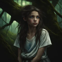 thin 12 year old girl with dark tangled and knotty hair and blue eyes wearing a ripped and dirty white teeshirt, in a forest , photorealistic, dark fantasy