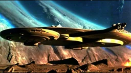 a screen capture from a star trek movie of a battle-damaged starship enterprise IN the year 2380 IS IN A BATTLE with monster ufos sci-fi meticulous, highly-polished, photorealistic, studio production, intricately detailed, GALACTIC, directed by gene Roddenberry, looking down and from the left rearcorner,visiblaftalsdjfafterburner