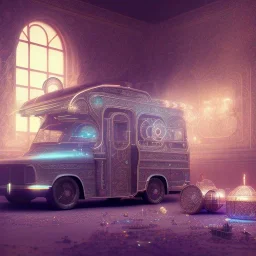 Big caravan, ultra realistic, intricate details, ultra highly detailed, shiny, smooth, studio quality, octane render, Surrealism, Triadic colour scheme,glow-stick, ambient lighting,nightclub lighting, polaroid, 100mm, --ar 1:1 --v4