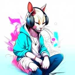 Illustrative sketch of cat Humanoide in music with headphones, full body, ultra quality, hyper detailed, graffiti, concept art, maximalism, 8k