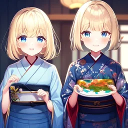 Clear focus,High resolution, Light Blonde hair, and blue eyes, kawaii style, wearing a Japanese Traditional dress, Blushing