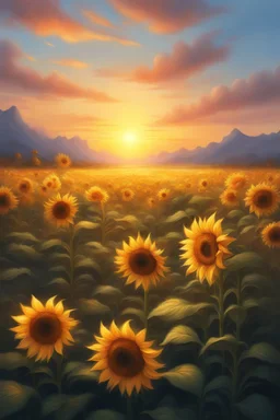 At sunset turn this into a beautiful sunflower scenery, magical, painting quality 8K , Busch painting style