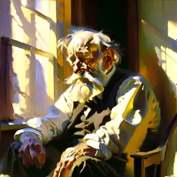 Realistic oil painting, featuring an old man with a kind face sitting in an armchair by a window, sunlight streaming in through the curtains, intricate details on the wrinkles of his face and hands, by John Singer Sargent or Edgar Degas.