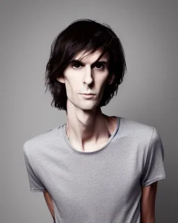 a tall rattled guy with short dark hair tousled on top, a long neck and limbs and is wearing a t-shirt with a shirt over and skinny jeans