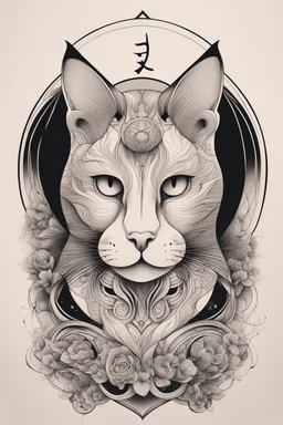 Create a captivating modern 2d ink tattoo design for print , prestigious Sacred Cat using the elegant influences of japan art style, for print, dynamic elements from fashion and design, and bold Japanese contemporary art aesthetics, framing centered in the center, distanced from the edges of the paper perimeter, perfect anatomy, bauhaus, Divine Proportion,