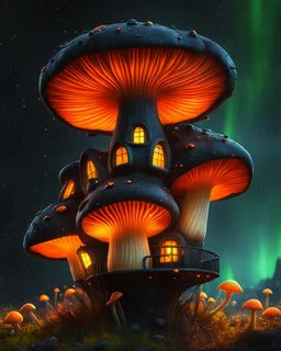 An illogical floating mushroom house on a clear moonless night. . Bright Bold Bright Colors, orange yellow green black, Starry Dark cosmic interstellar. Detailed Matte Painting, deep color, fantastical, intricate detail, splash screen, hyperdetailed, insane depth, concept art, 8k resolution, trending on Artstation, Unreal Engine 5, color depth, backlit, splash art, dramatic, High Quality Whimsical Fun Imaginative Bubbly, perfect composition