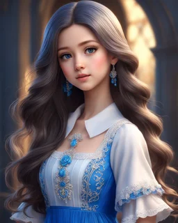 a girl with long hair wearing a blue dress, realistic cute girl painting, carlos ortega elizalde, beautiful character painting, kawaii realistic portrait, realistic anime 3 d style, realistic anime art style, realistic anime artstyle, photorealistic anime girl render, cute 3 d render, gorgeous 3d render, cg art, detailed realistic beautiful, photorealistic disney