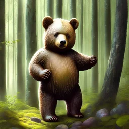a little bear is dancing in the forest, healthy bear, sound eys, two healthy legs, two healthy feet, two healthy arms, two healthy hands, two healthy ears, naturalistic, realistic, style Michael Bond