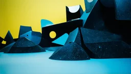 Fotografia di una superficie piatta di colore azzurro chiaro e giallo pastello, su cui si ergono enormi surreali strutture di forma astratta e surreale, di metallo, di colori vari, forti contrasti. Buio. Joan Miró odd style. Strong 3d deep field. Oscurità, paranoic, obsessive, homologic, phobic, nightmare, notte, glossy, hasselblad h6d400c --ar 85:128 --v 6.