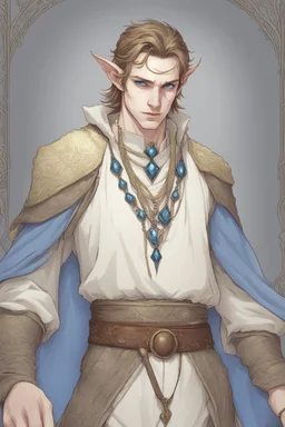 a wealthy half-elf young man with pointy ears and blue eyes, wears lots of jewelry, pale skin, soft face