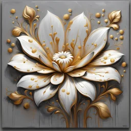 white and gold flower painting on a gray background, in the style of graceful sculptures, loose paint application, rustic materiality, pure color, 32k uhd, michael page, meticulous design --ar 73:112 --stylize 750