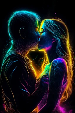 Ultra detailed illustration of a couple kissing, figure, ((ghostly)) (((translucent:1.5))), (((translucent creature:1.5))), art by Mschiffer, neon lights, light particles, colorful, cmyk colors, strong backlit, back lights