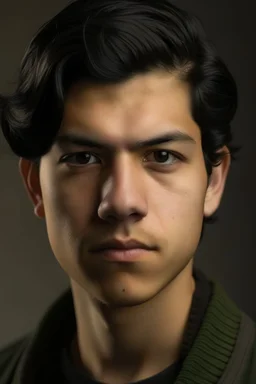 Portrait of a a young man with olive skin and black hair combed back,