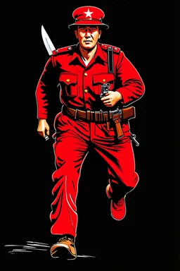 Vietnam soldier(uniform and face based on racist steriotypes) running towards viewer, a knife i one hand, and a gun(barrel pointing at viewer) in the other. retro 1960's poster monochrome with white background