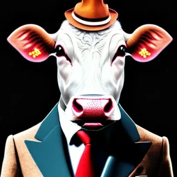 A cow wearing a suit and tie