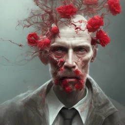 Extremely detailed portrait of man with a fading head into oblivion with red flower accents, digital painting.