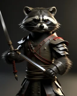 raccoon as a samurai, realistic, 2 katanas