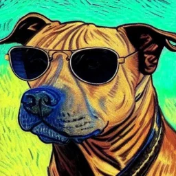 Portrait of a pitbull wearing sunglasses by Van Gogh