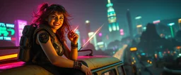 cyberpunk space city, in valley, close up on realistic A charming smiling space pirate hi class girl and macho soldier companion with disco ball rocket shooting sparks backpack sitting on roof of buss , Blew a fuse in his hips and short-circuited his bits, The Martian fluffy gremlins went wild, the Plutonians dogs screamed, Even black-and-white aliens turned ultraviolet green! in the style of fallout 4 and HR Giger, background motion blur , and volume spot lights